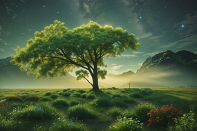 夜晚唯美星空草地树木风景图片